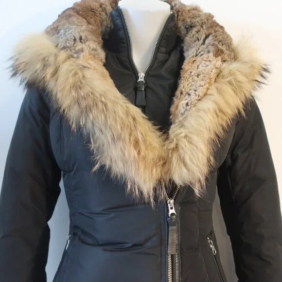 Womens Mackage Lavish Trish Black Fur Hood Trim Zip Duck Down Puffer Coat XS